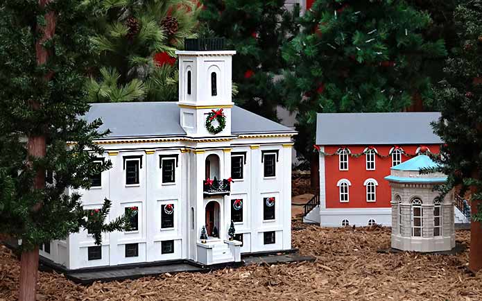 Models of Victorian-ear buildings on grounds of botanical garden