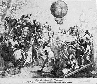 French cartoon shows people crowded outside the Tuileries Garden wall in Paris to view the first balloon ascension of Jacques Charles and Marie-Noël Robert in 1783. Several people are climbing over the wall, including two women whose dresses are pulled up exposing their naked bottoms to spectators who stare at them instead of the balloon aloft in the background.  Citation: (1783) Aux Amateurs De Physique. France Jardin Des Tuileries Paris, 1783. [Paris: Chez Friese Graveur, rue de Harlay, maison de Mr. Berthaud, ?] [Photograph] Retrieved from the Library of Congress, https://www.loc.gov/item/2002722392/. 